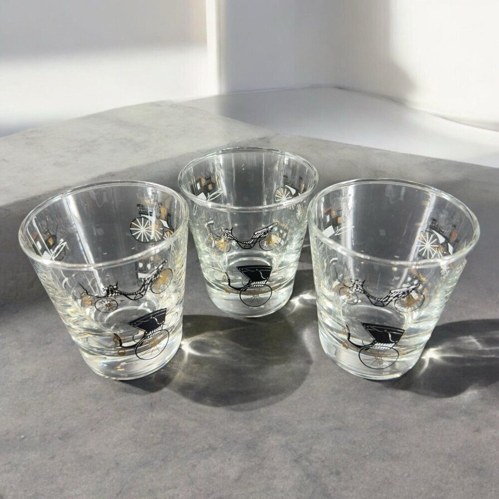 Libbey Clear Barware Glasses Stagecoach Lowball Tumbler Set 3 Vintage Glassware